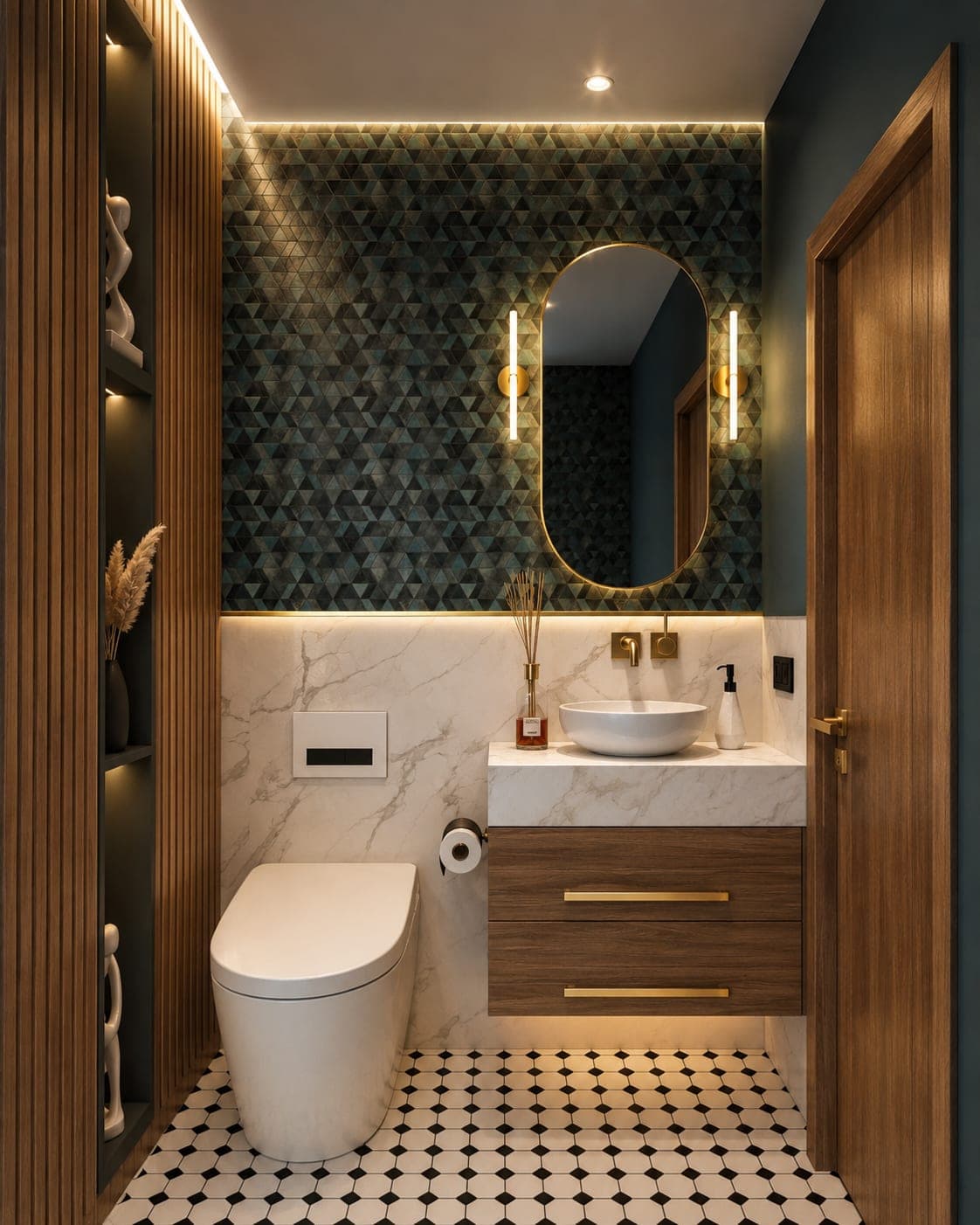 Baño con mosaico esmeralda, mármol veteado y grifería dorada