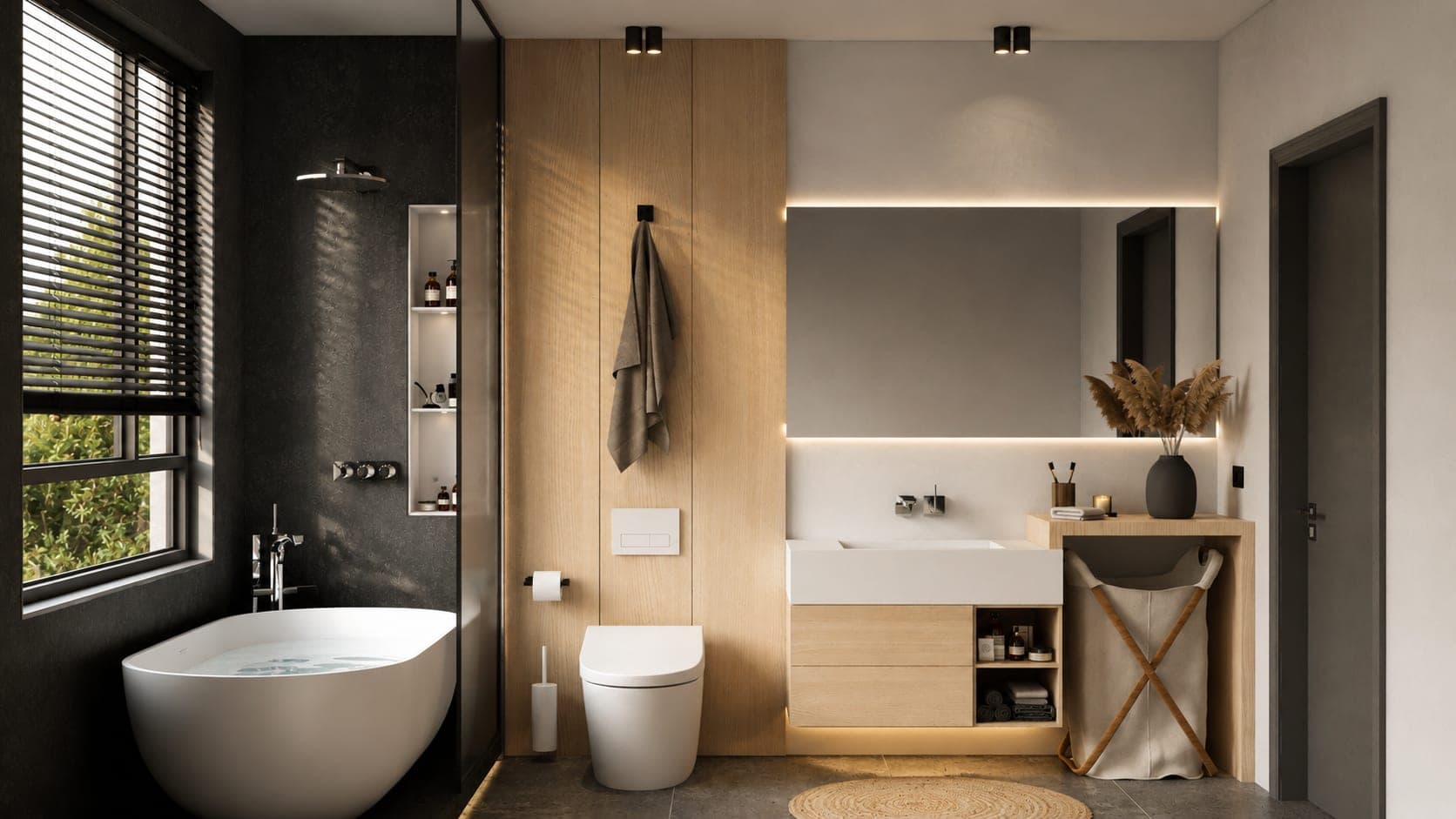Baño principal en piedra oscura y madera con tina exenta