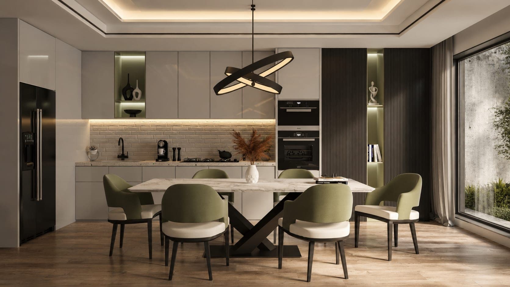Cocina y comedor en tonos grises con acentos verde oliva