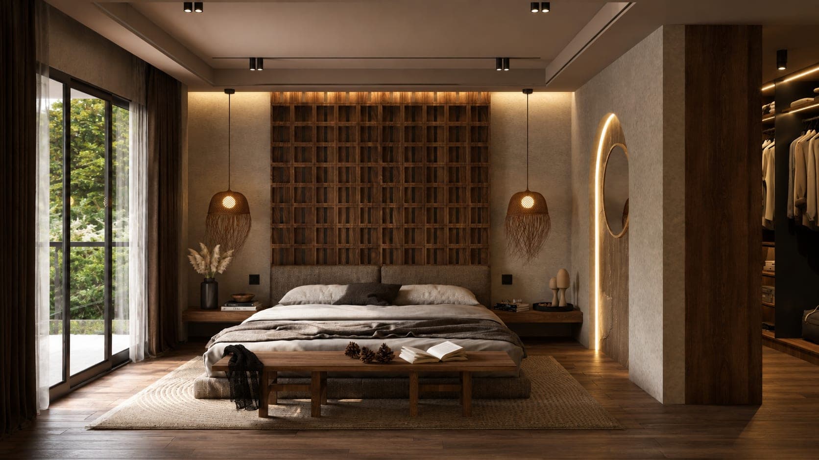 Dormitorio costero con cabecera de madera reticulada y vestidor abierto
