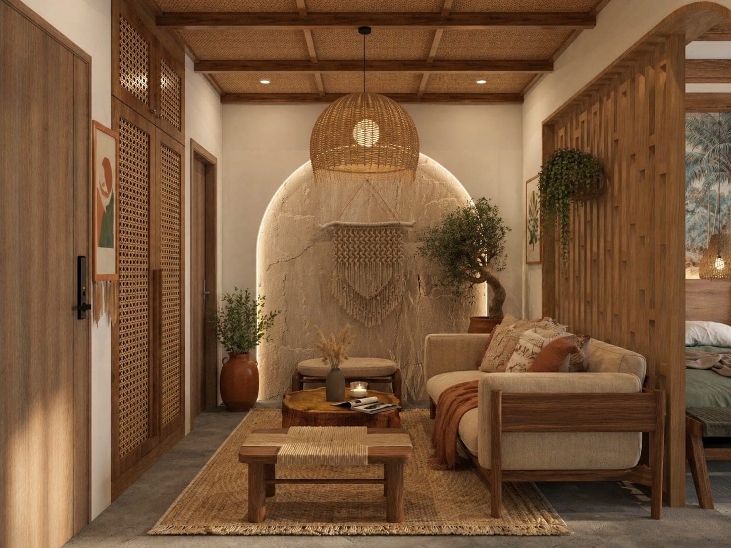 Sala de una suite de Hotel Palmar con arco de piedra texturizada y mobiliario boho