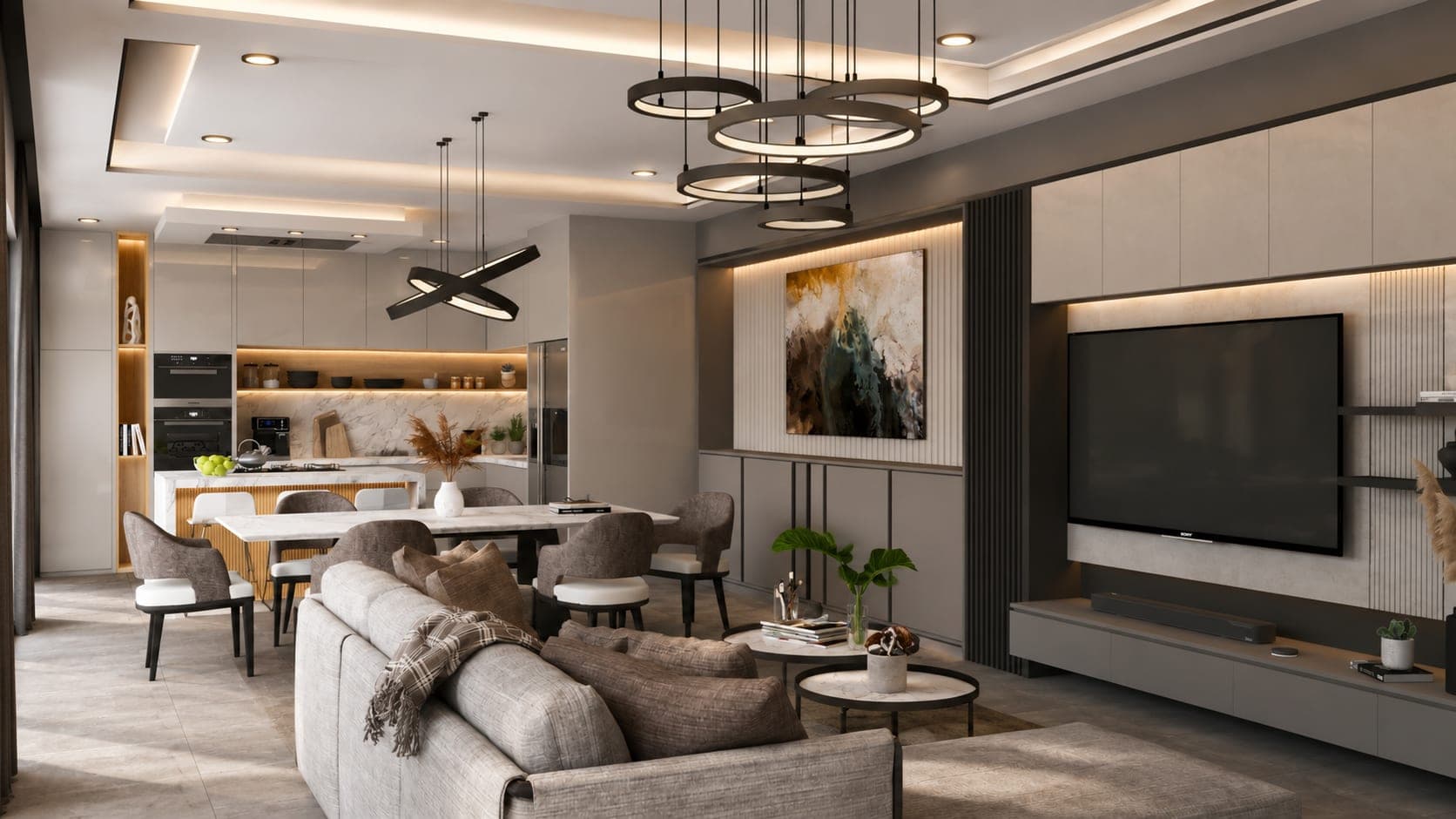 Sala-comedor de Suite JS con paneles oscuros y estantería iluminada
