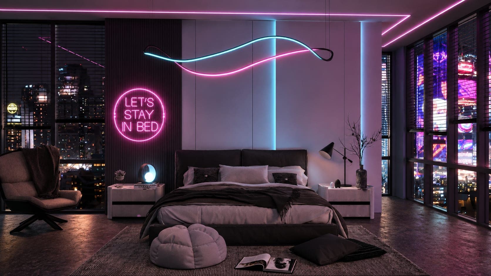 Dormitorio con iluminación de neón y vista a la skyline nocturna de Nueva York