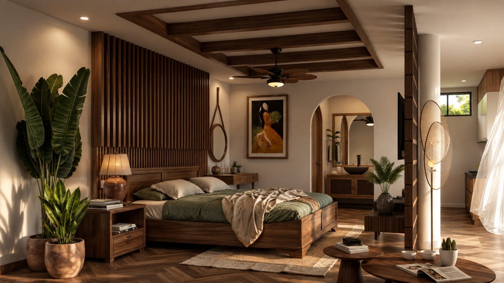 Dormitorio principal de Suite Palmar con cielo raso de madera